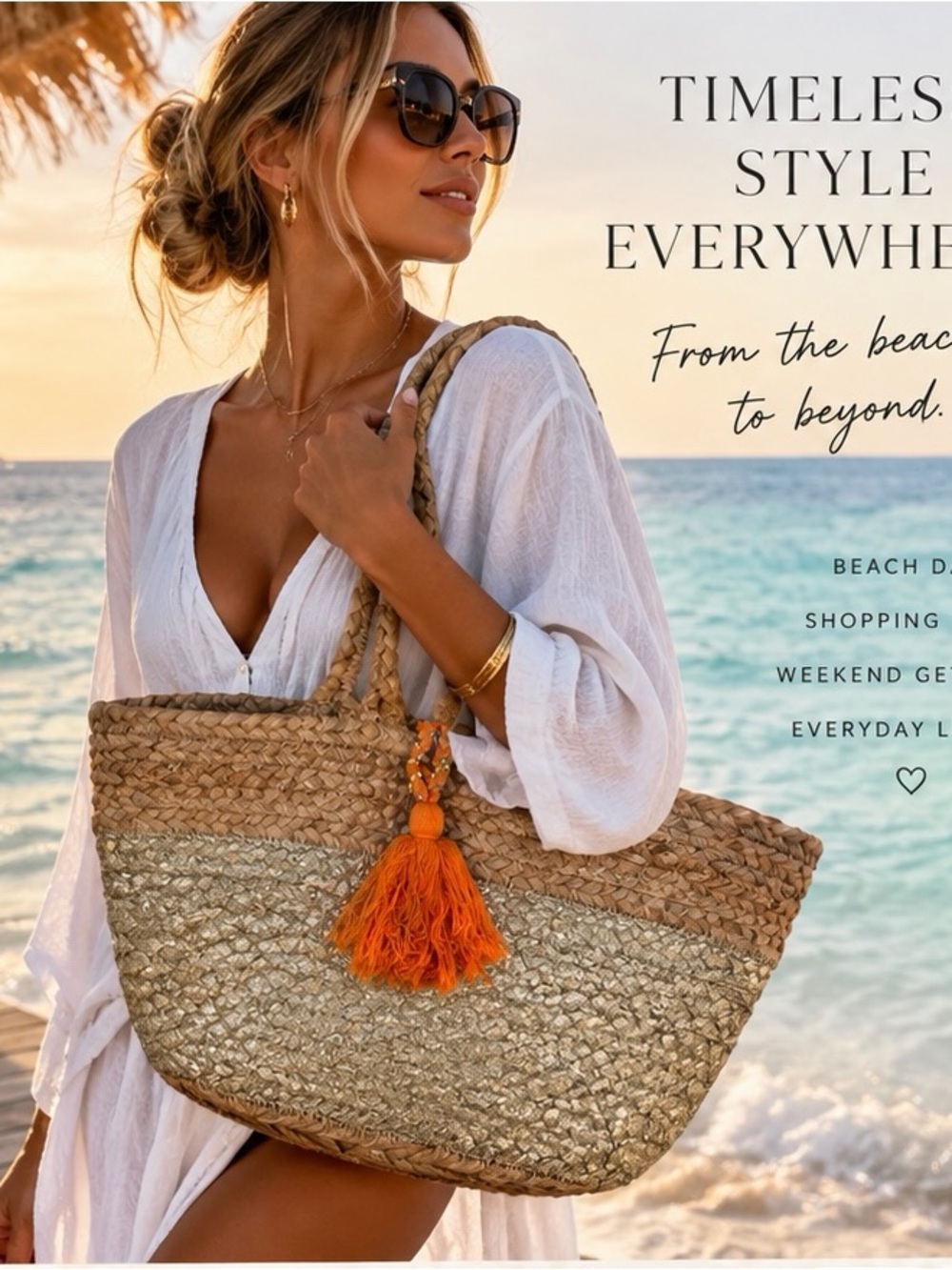 Shiraleah Chicago Jute Tote Woven Gold-tone Metallic Large Bag Orange Tassels